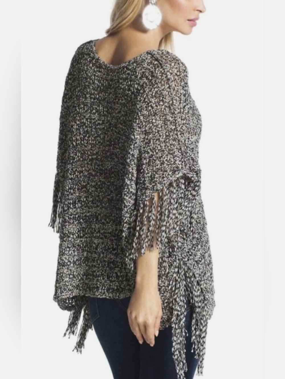 Chico's Fallon Fringe East West Black/Ecru Marled Knit Sweater Poncho One Size - Picture 5 of 16